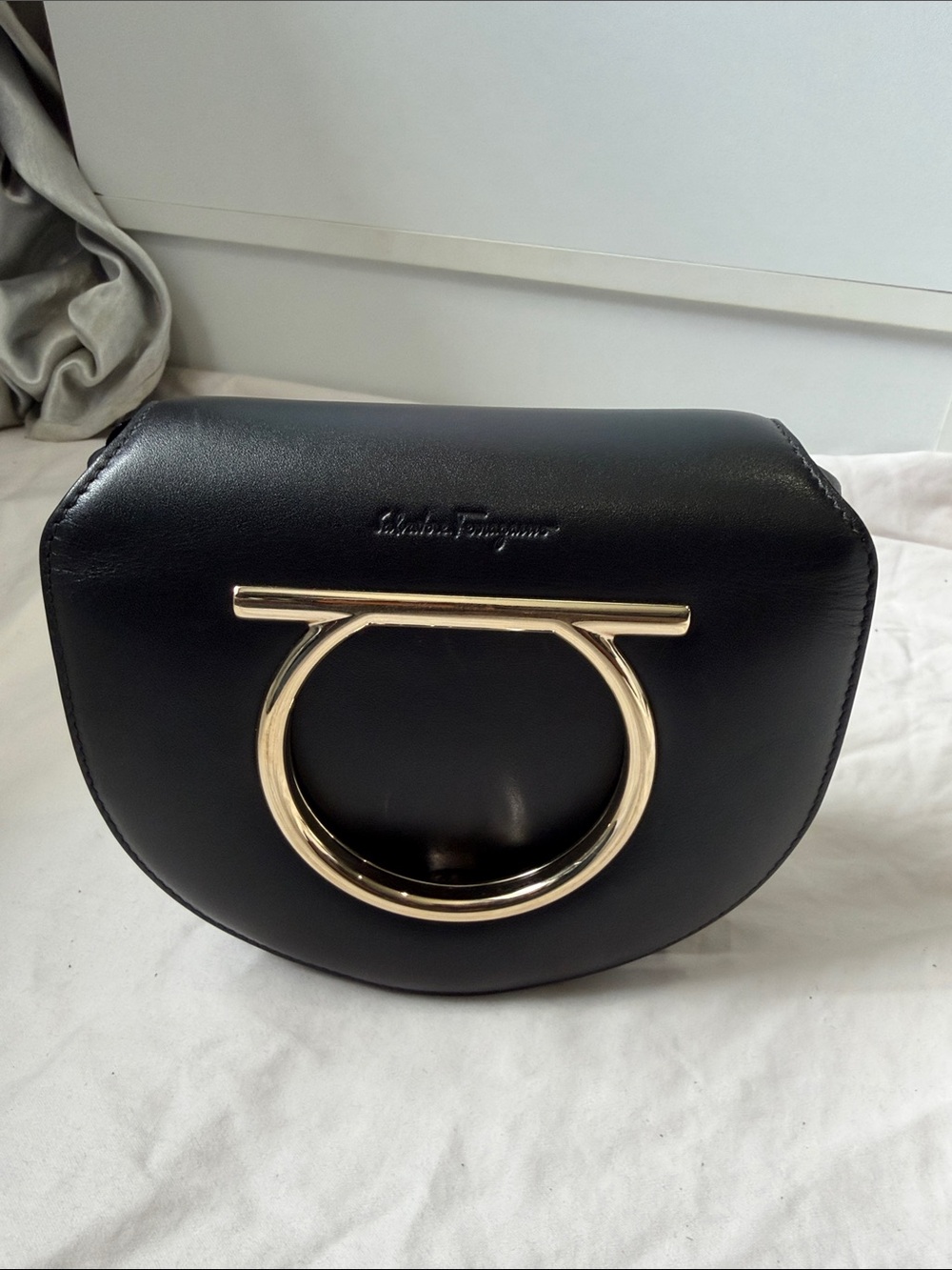 Salvatore Ferragamo Black Leather Mini Bag with Gold Gancini Ring